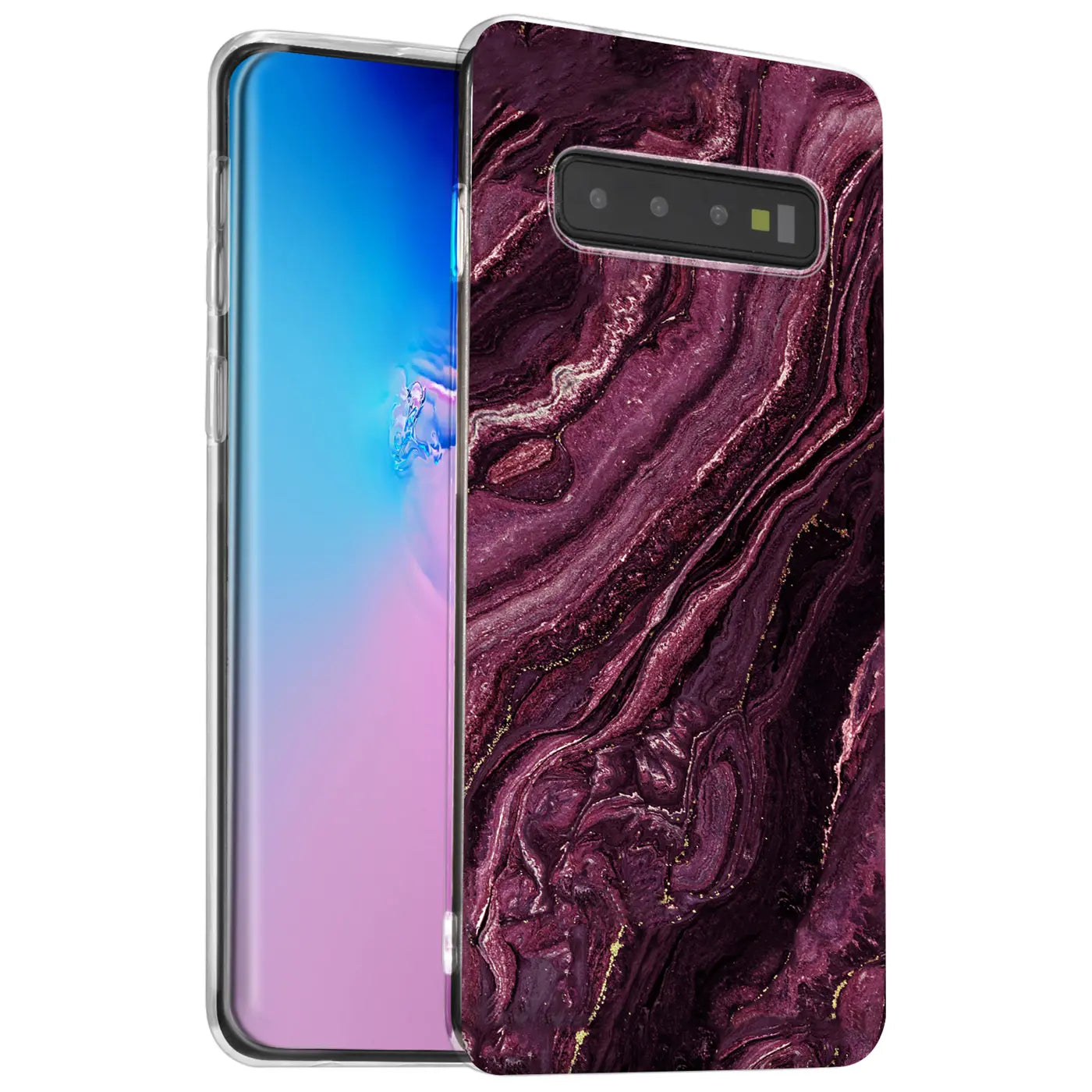 Samsung Galaxy S10 Hülle mit Marmor-Muster in Lila/Gold, von vorne, aus Kunststoff.