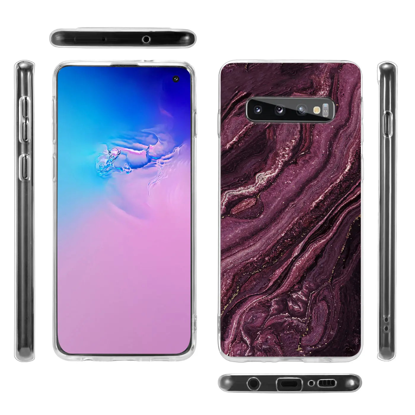 Samsung Galaxy S10 Hülle mit Marmor-Muster, Vorder- und Rückansicht, transparentes Material