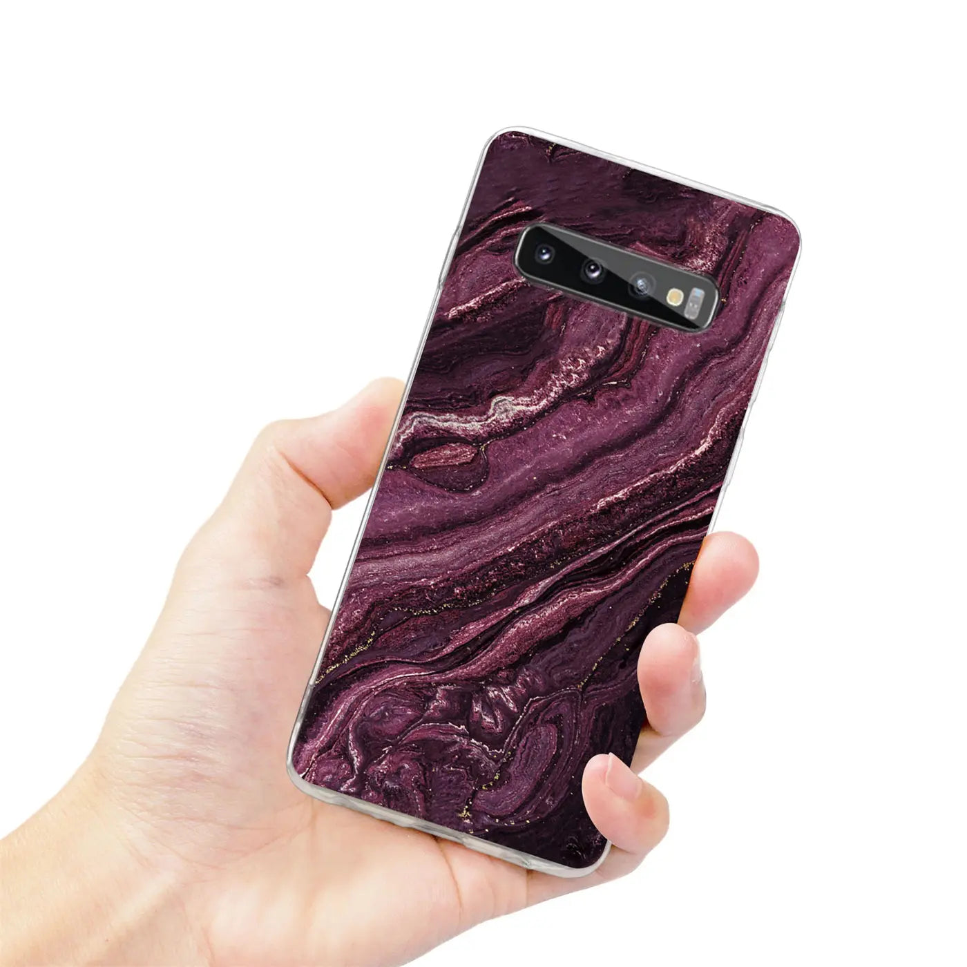 Samsung Galaxy S10 Hülle mit Marmor-Design in Lila, von vorne gehalten.
