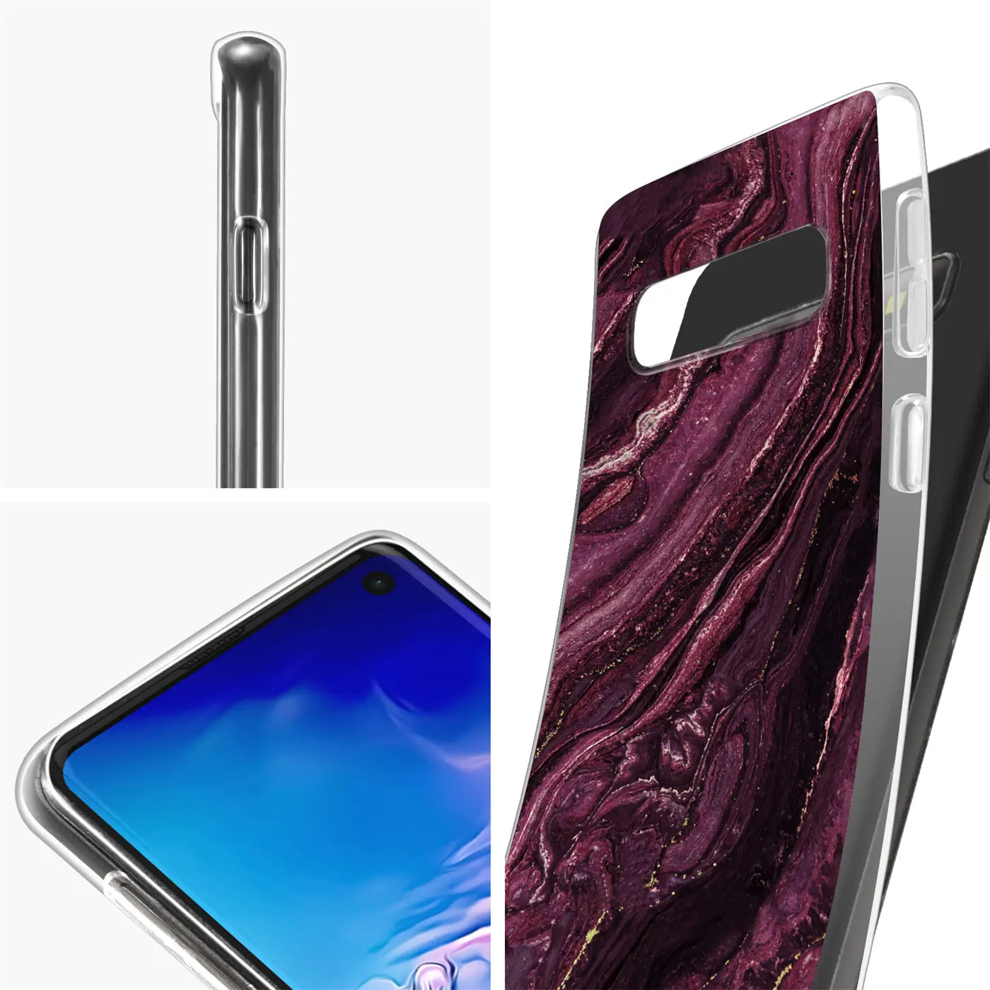 Samsung S10 Hülle, Marmor-Design, lila/gold, von schräg, mit Gerät
