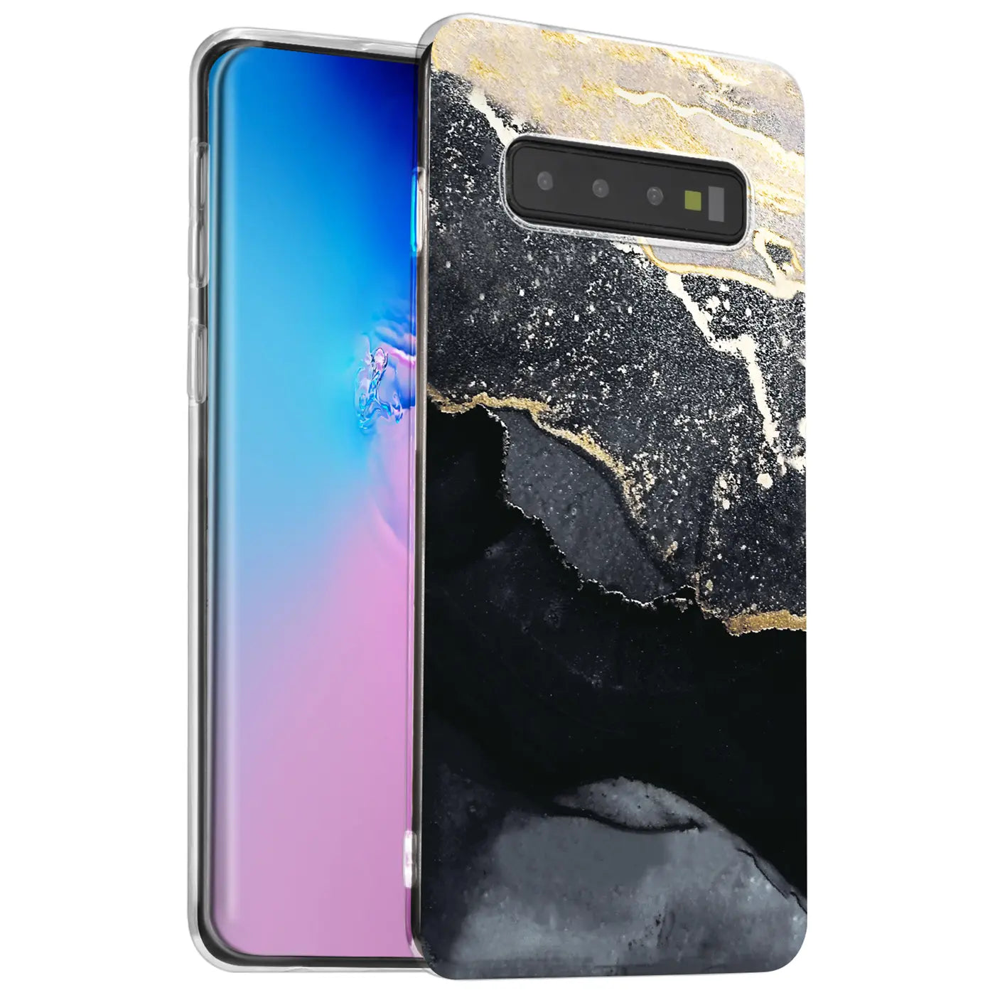 Samsung Galaxy S10 Hülle mit Marmor-Muster, Schwarz/Gold, von vorne links