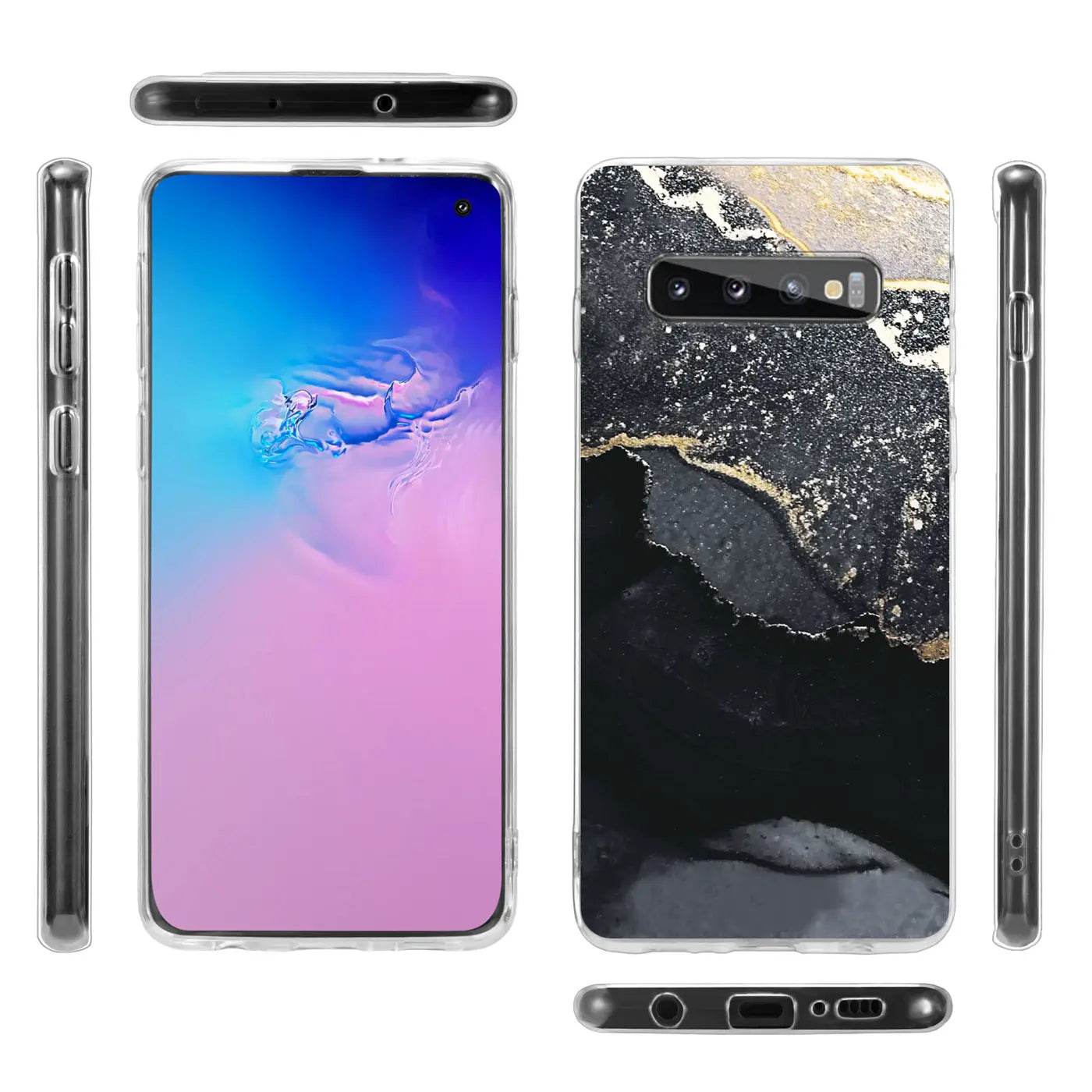 Samsung S10 Hülle, Marmor/Sand-Design, Schwarz/Gold. Front-, Seiten- & Rückansicht.