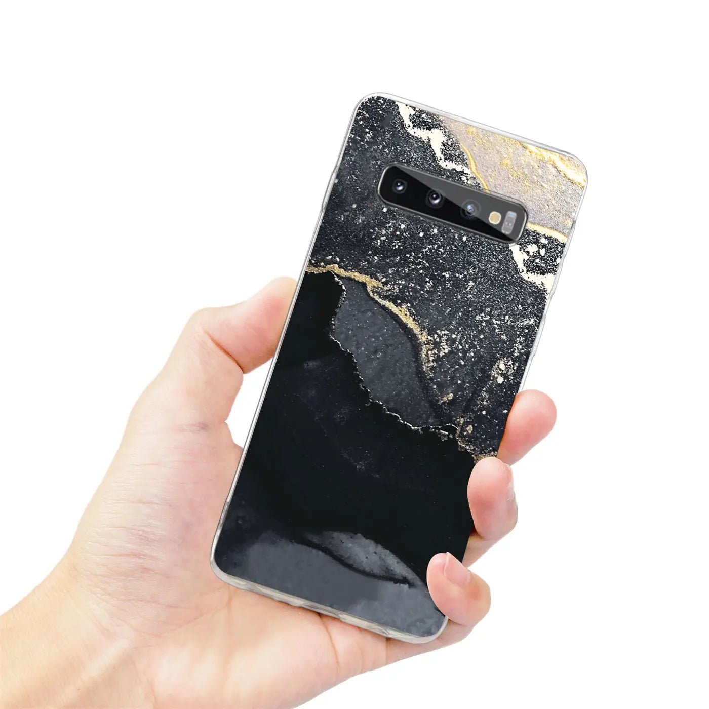 Samsung Galaxy S10 Hülle mit Marmor-/Sanddesign, schwarz/gold, von vorne gehalten