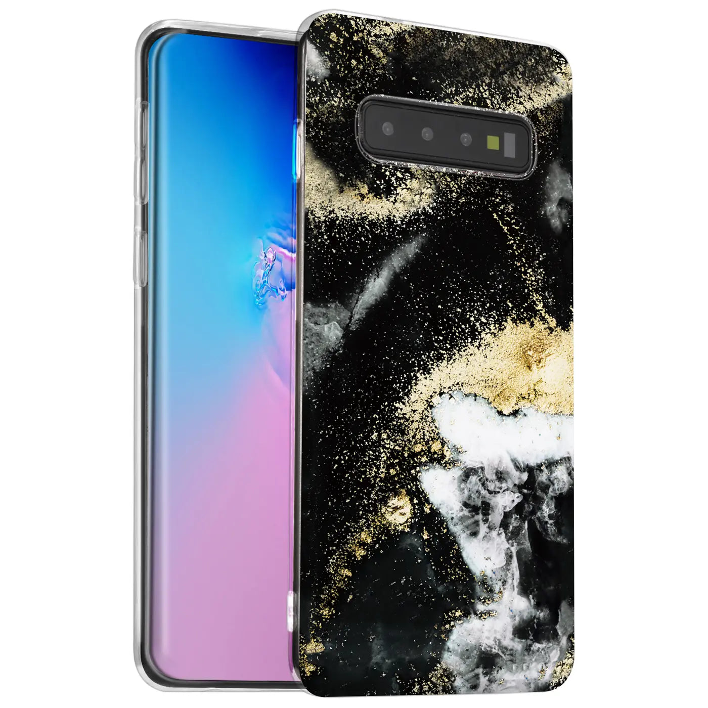 Samsung S10 Plus Hülle, Marmor/Sand-Design, schwarz/gold, von vorne/leicht schräg