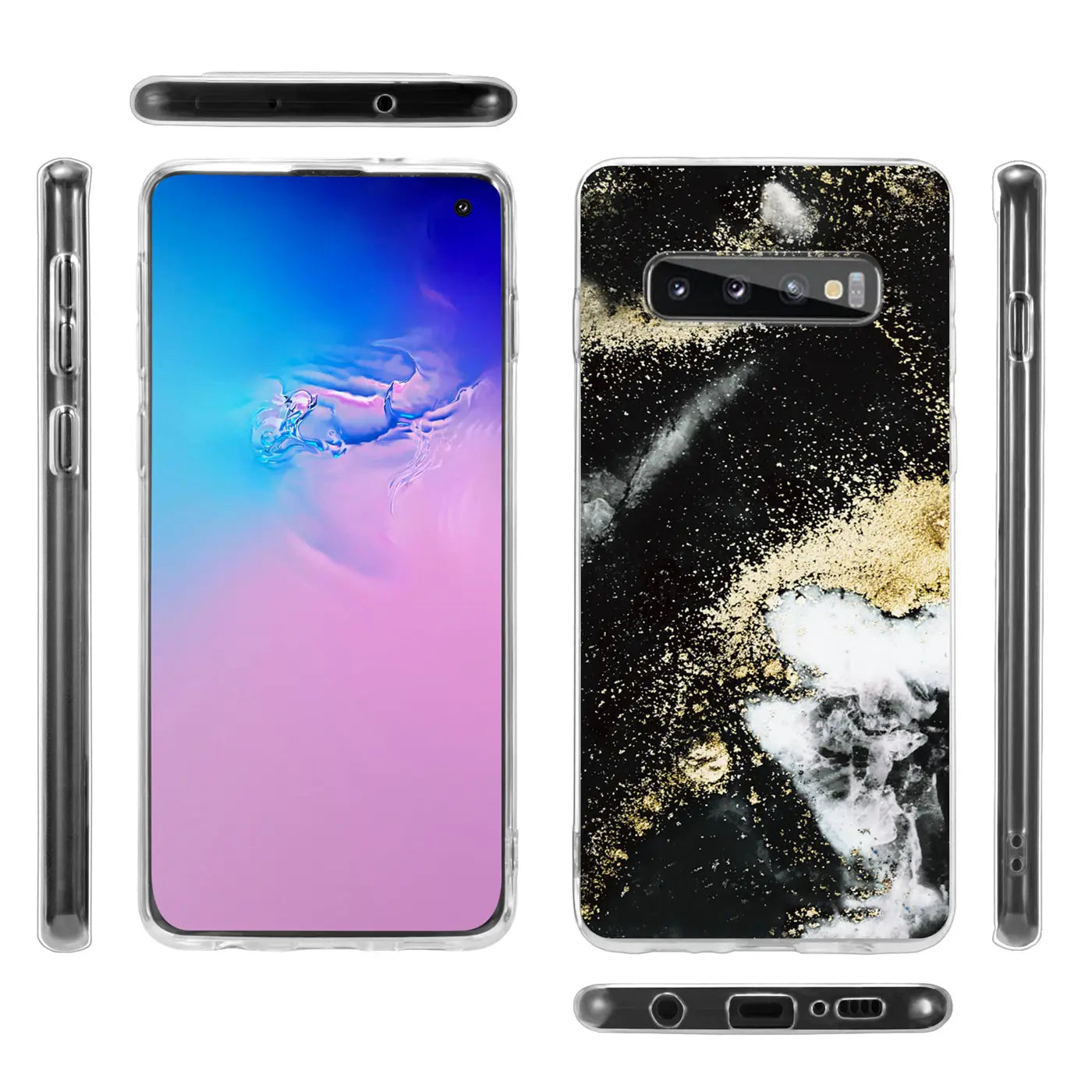 Samsung S10 Plus Hülle, Marmor/Sand-Design, transparent, Vorder-/Seiten-/Rückansicht