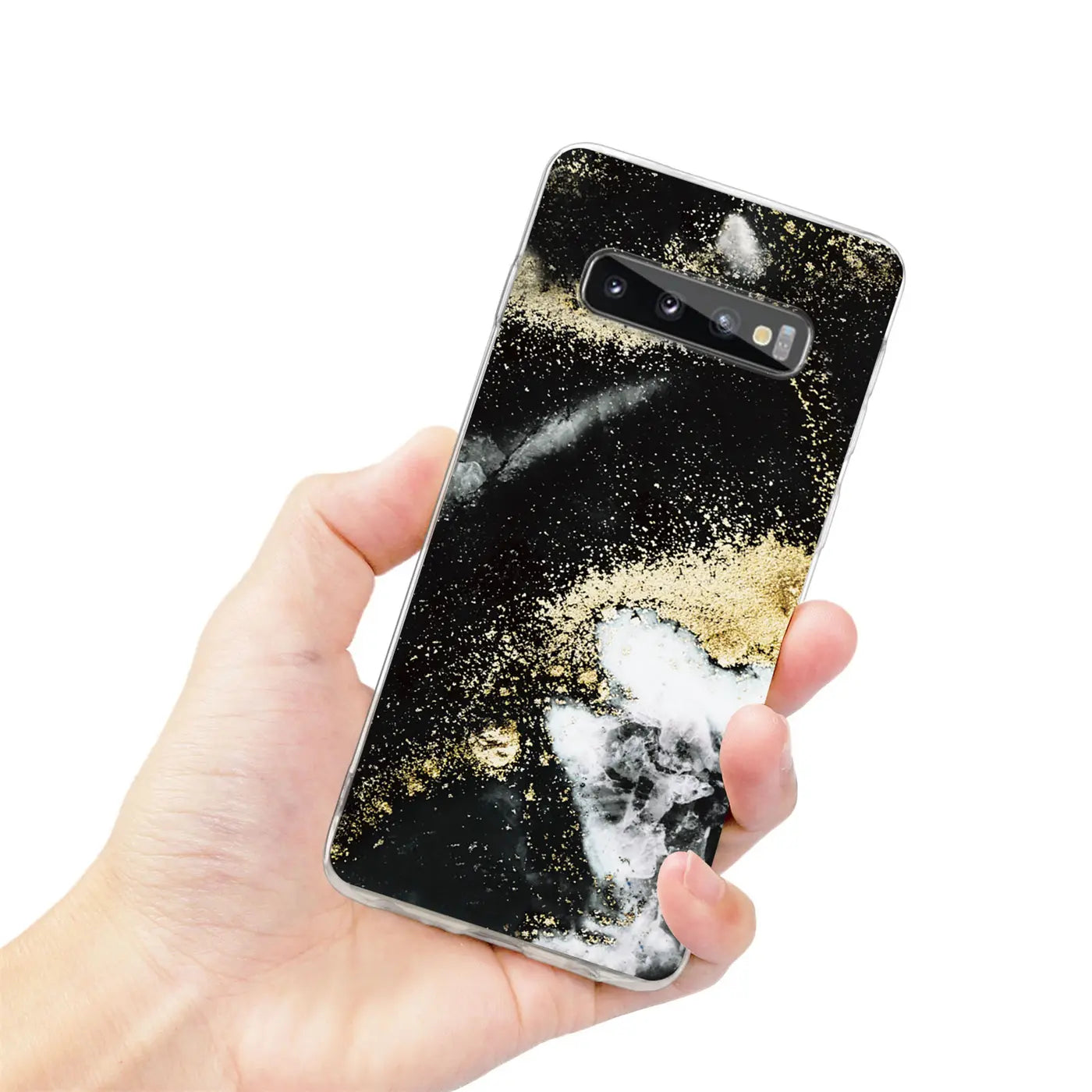 Samsung S10 Plus Hülle, Marmor/Sand-Design, Schwarz/Gold/Weiß, von vorne gehalten