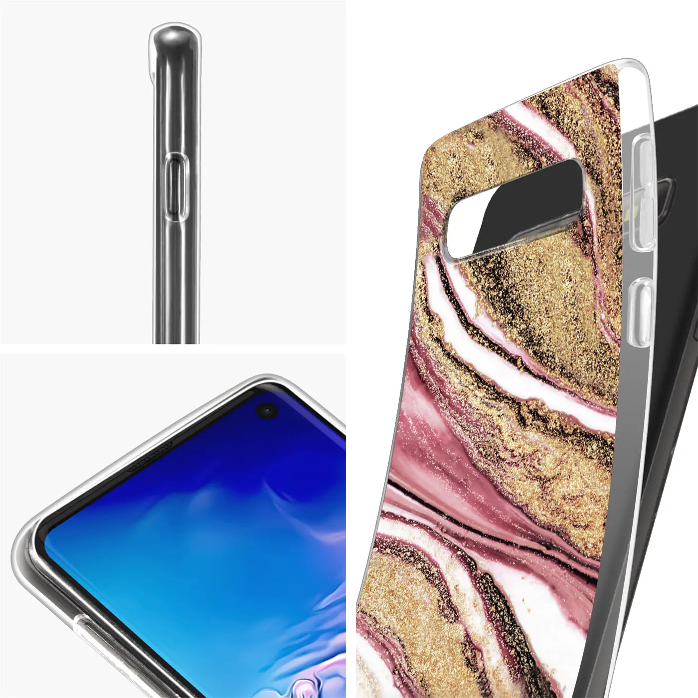 Samsung S10 Plus Hülle, Marmor-Muster, Rosa/Gold/Weiß, Seitenansicht, Nahaufnahme