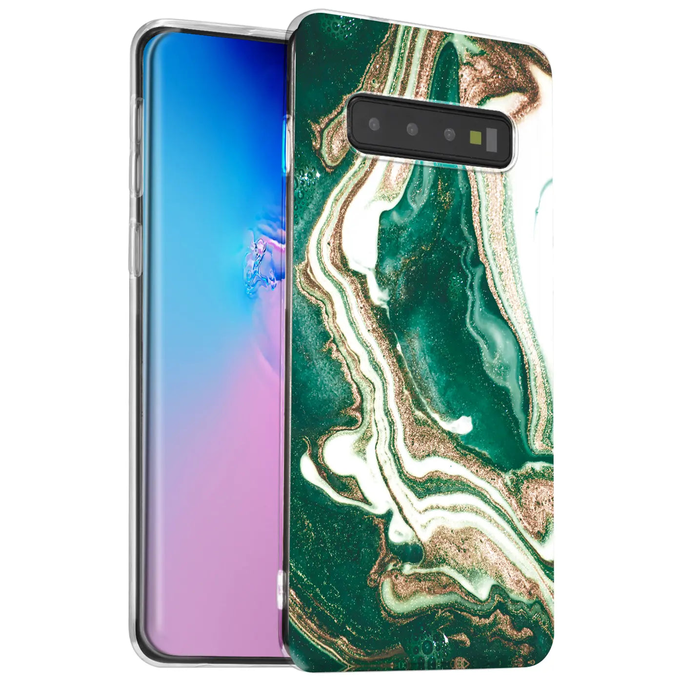 Samsung S10 Plus mit grüner Marmor-Hülle, von vorne schräg.