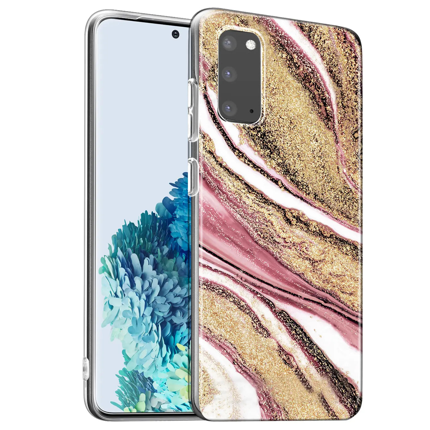 Samsung S20 FE Hülle, Marmor-Muster, rosa/gold, von vorn/leicht schräg