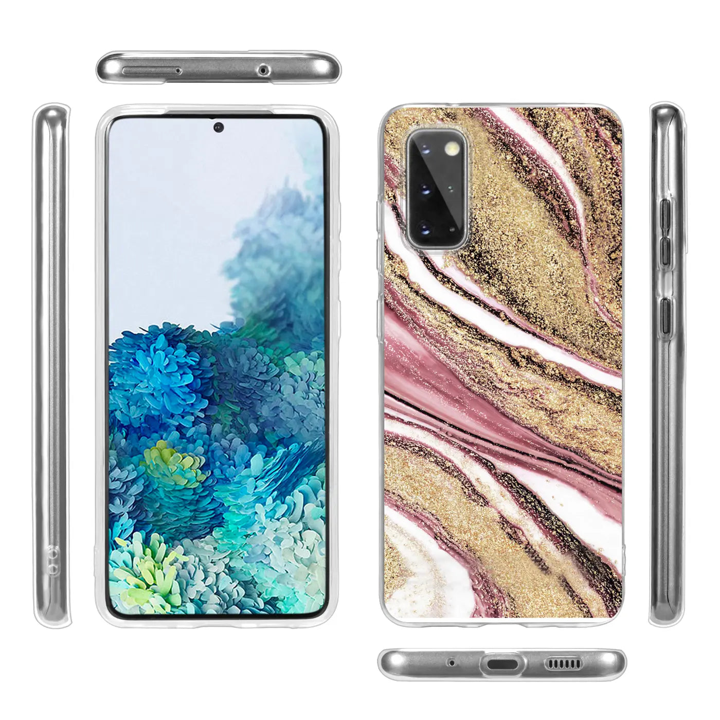 Samsung S20 FE Hülle, Marmor-Muster, Rosa/Gold, Vorder- und Rückansicht
