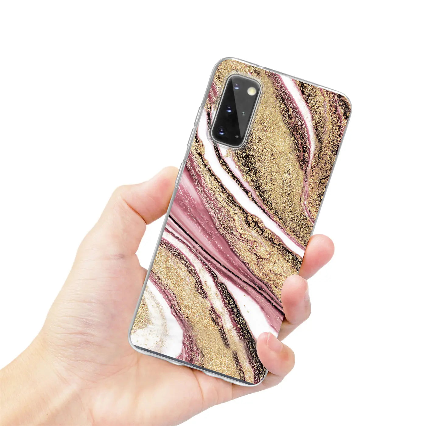Samsung S20 FE Hülle, Marmor-Muster, Gold/Rosa, von vorne leicht schräg gehalten