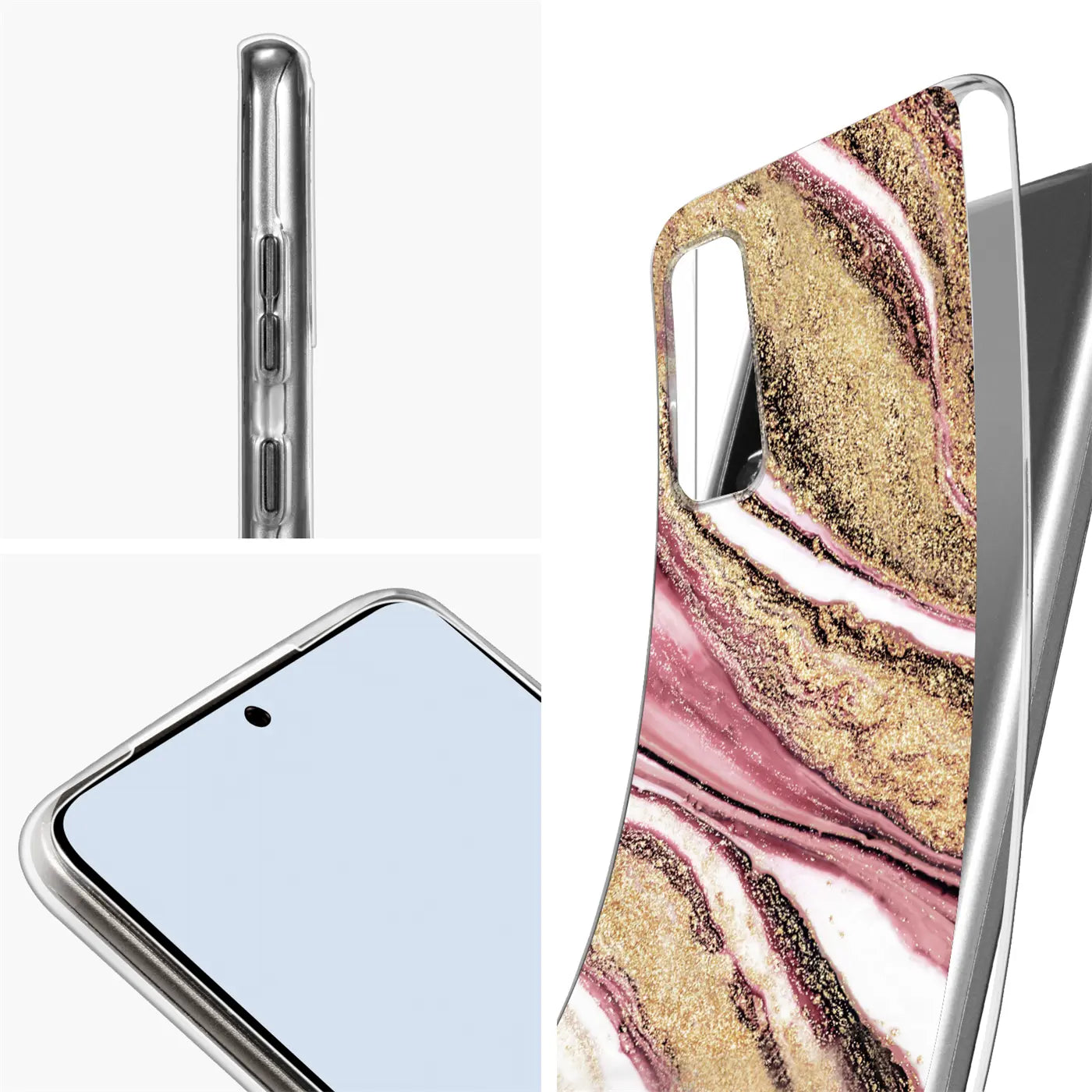 Samsung S20 FE Hülle, Marmor-Muster, rosa/gold, von vorne und Seite