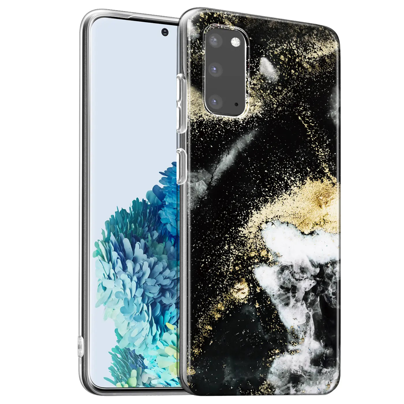 Samsung S20 Hülle, schwarz, marmoriert mit Goldpartikeln, TPU, von vorne