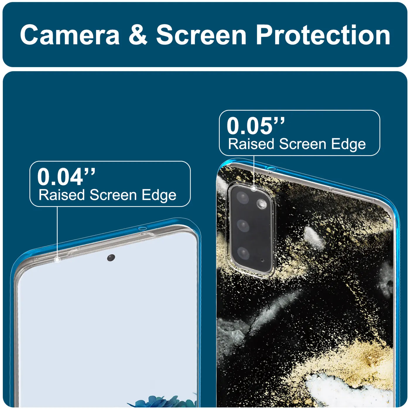 Samsung S20 Hülle mit Marmor-Sand-Design, Nahaufnahme, Rückseite, schwarzes und goldenes Muster