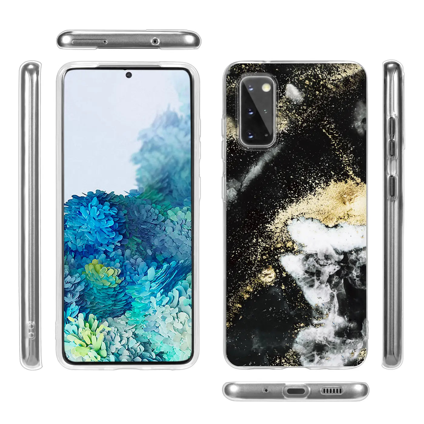 Samsung Galaxy S20 Hülle, Marmor/Sand-Design, Schwarz/Gold, Kunststoff, Front-/Seitenansicht