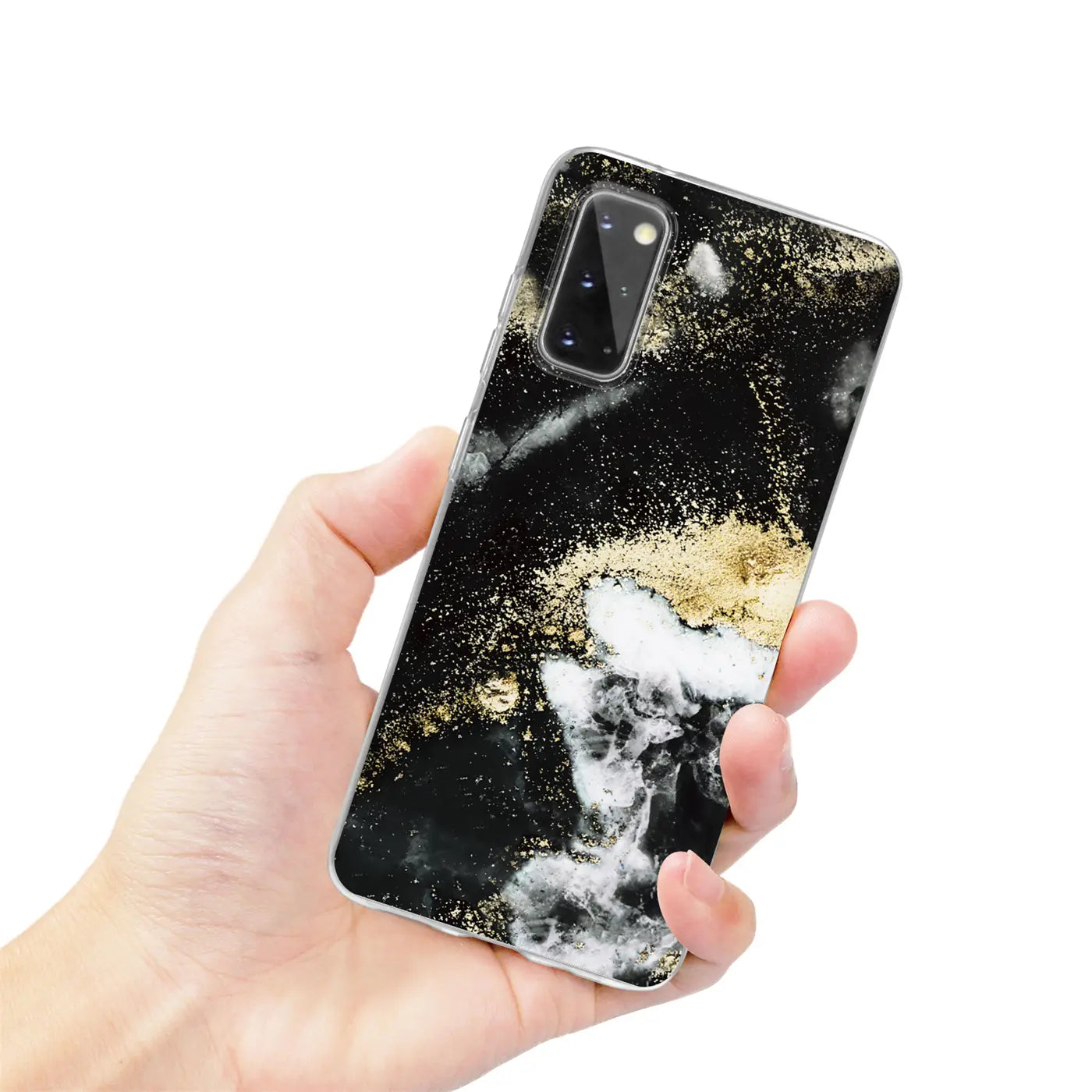 Samsung Galaxy S20 Hülle mit Marmor- und Sanddesign, schwarz, weiß, gold.