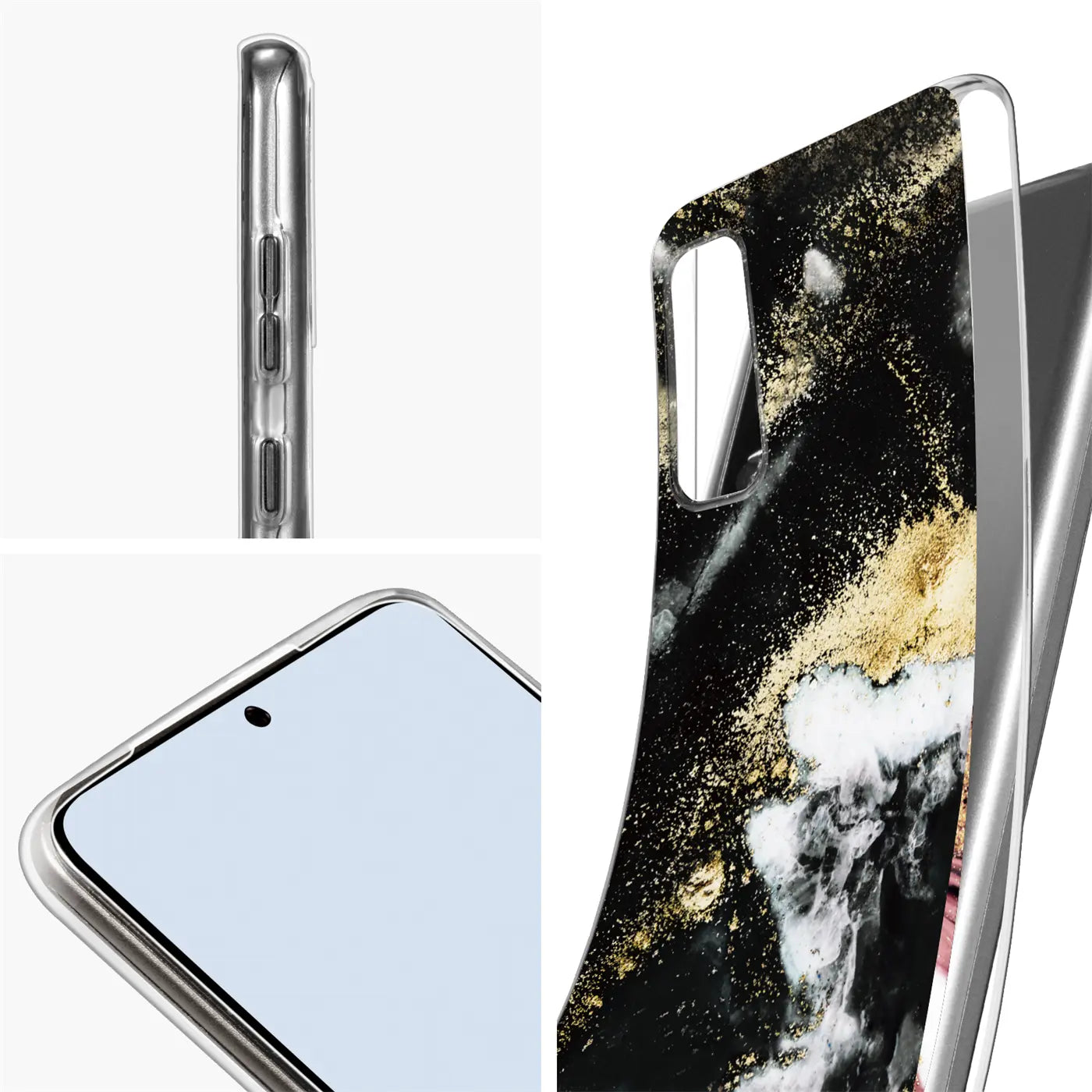 Samsung S20 Hülle, Marmor- & Sand-Design, Schwarz/Gold, von schräg oben.
