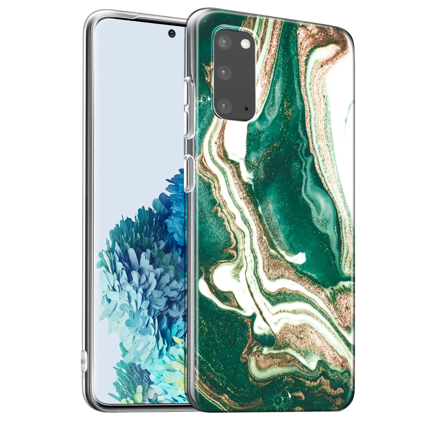 Samsung Galaxy S20 Hülle, Marmor-Muster, Grün/Gold/Weiß, Kunststoff, von vorne