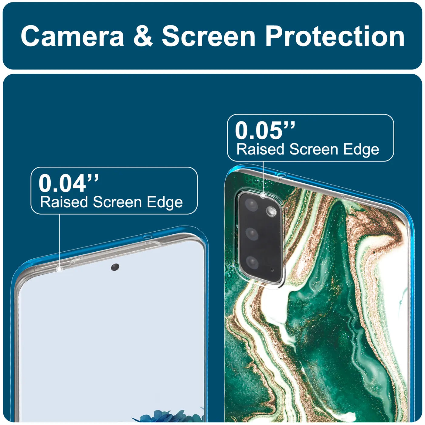 Grüne Marmor-Handyhülle mit Kameraausschnitt, Nahaufnahme, Samsung S20.