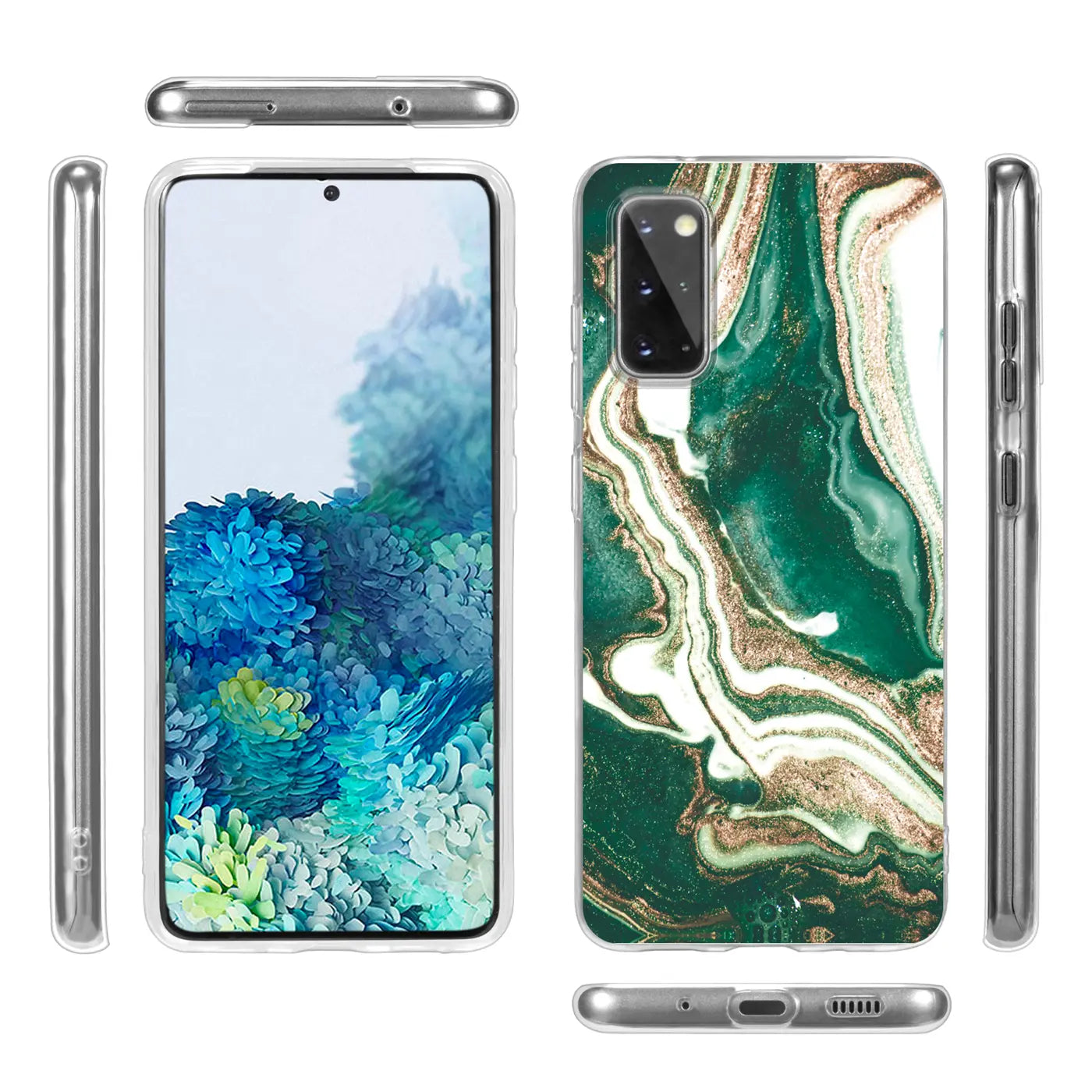 Samsung S20 Hülle in Marmor-Design, grün/weiß/gold. Mehrere Ansichten.