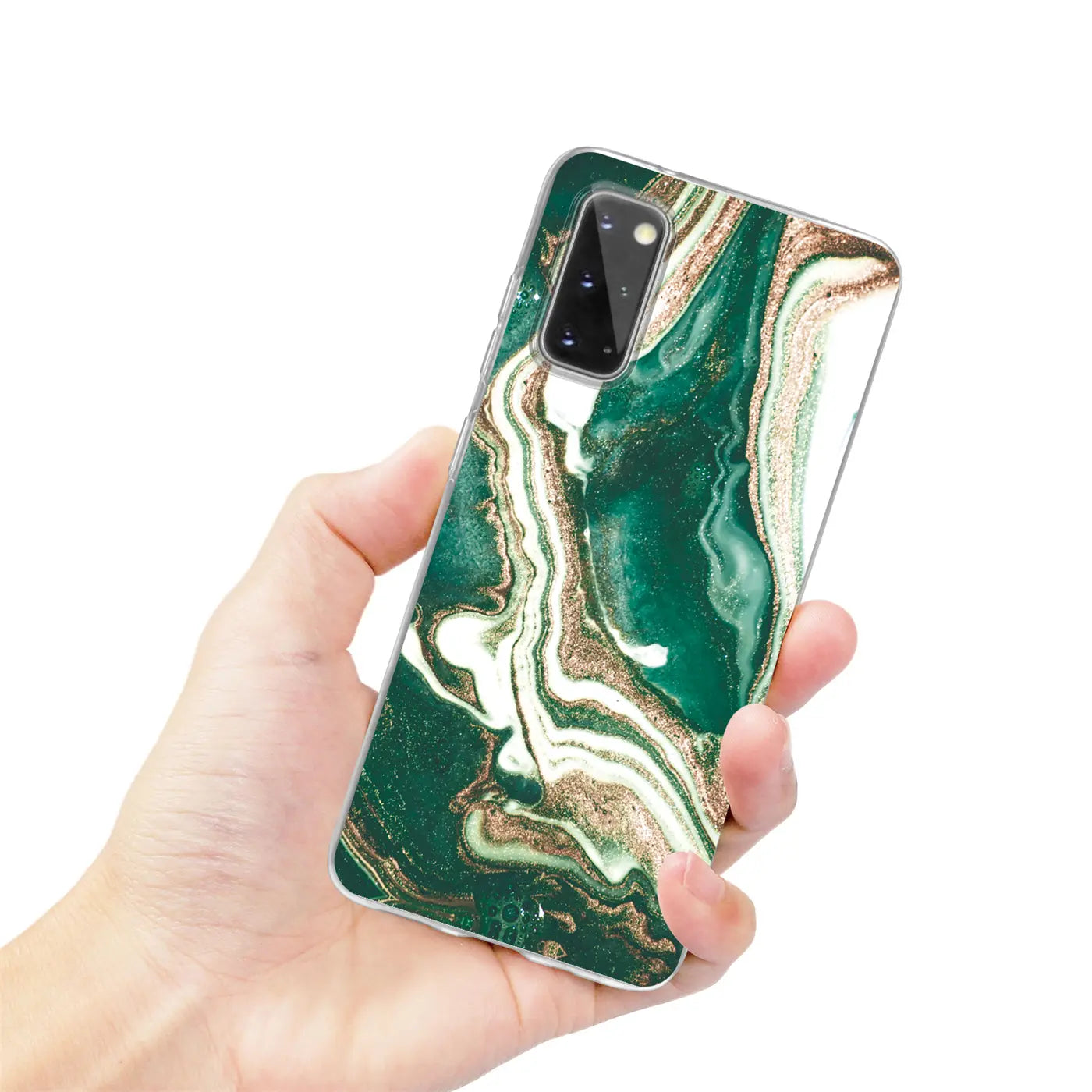 Samsung Galaxy S20 Hülle mit Marmor-Muster in Grün/Gold, von vorne gehalten