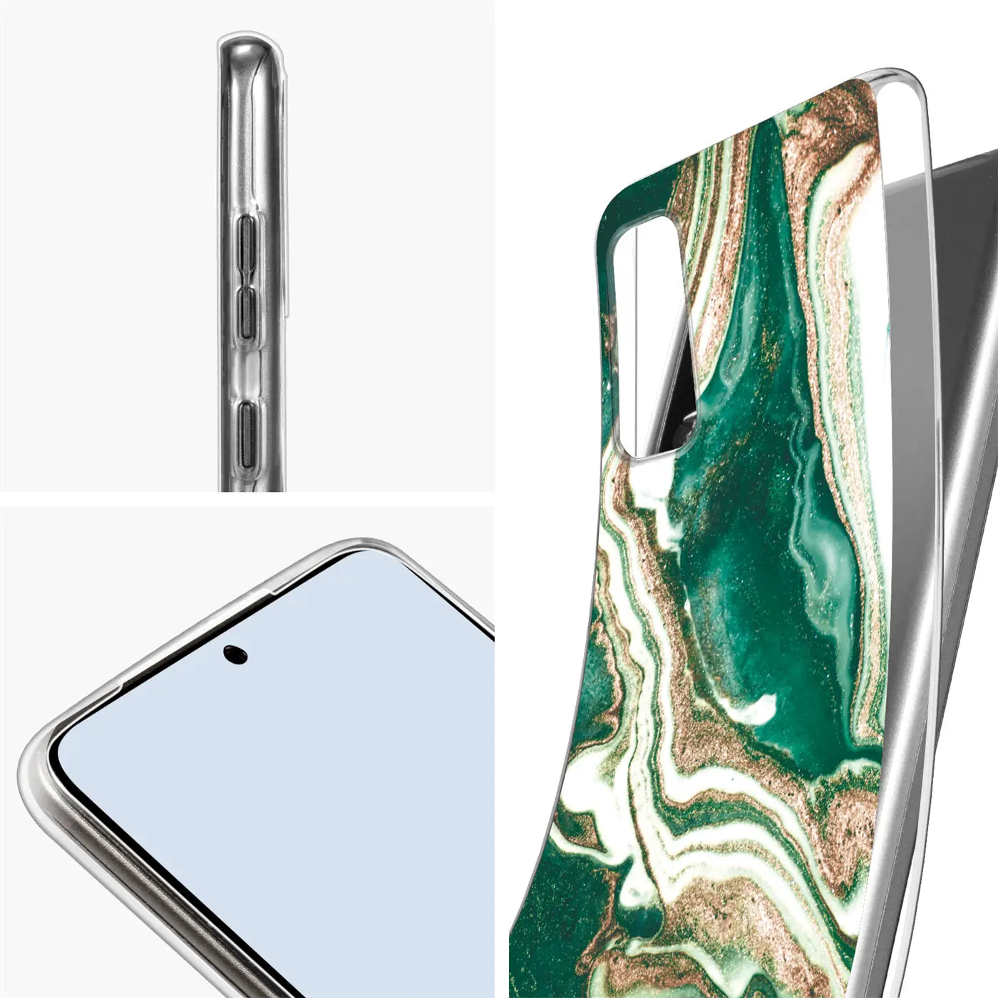Samsung S20 Hülle, Marmor-Design, grün/gold, von der Seite und von vorn