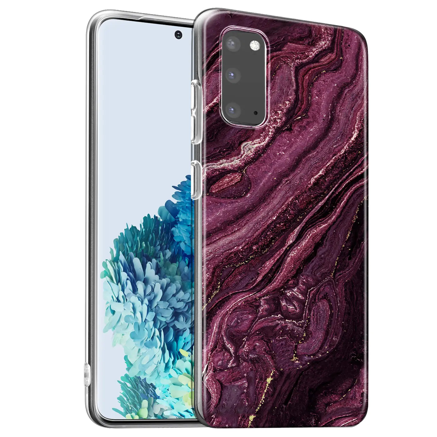 Samsung S20 mit lila Marmor-Hülle, von schräg vorne, transparentes Material.