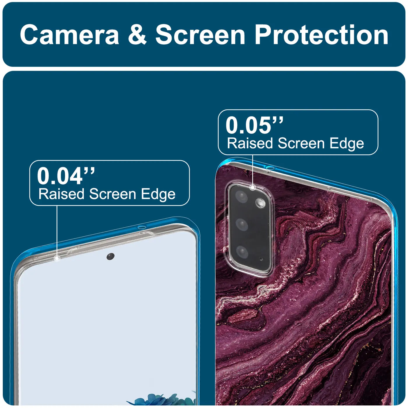 Samsung S20 Hülle, lila Marmor-Design, Nahaufnahme, Rückseite und Vorderseite mit erhöhten Kanten.