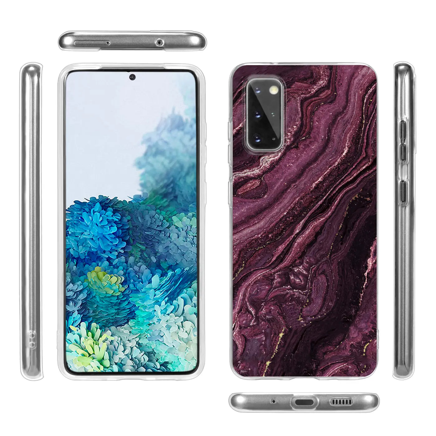 Samsung S20 Hülle, lila Marmor-Design, klare Seiten, von vorne & hinten
