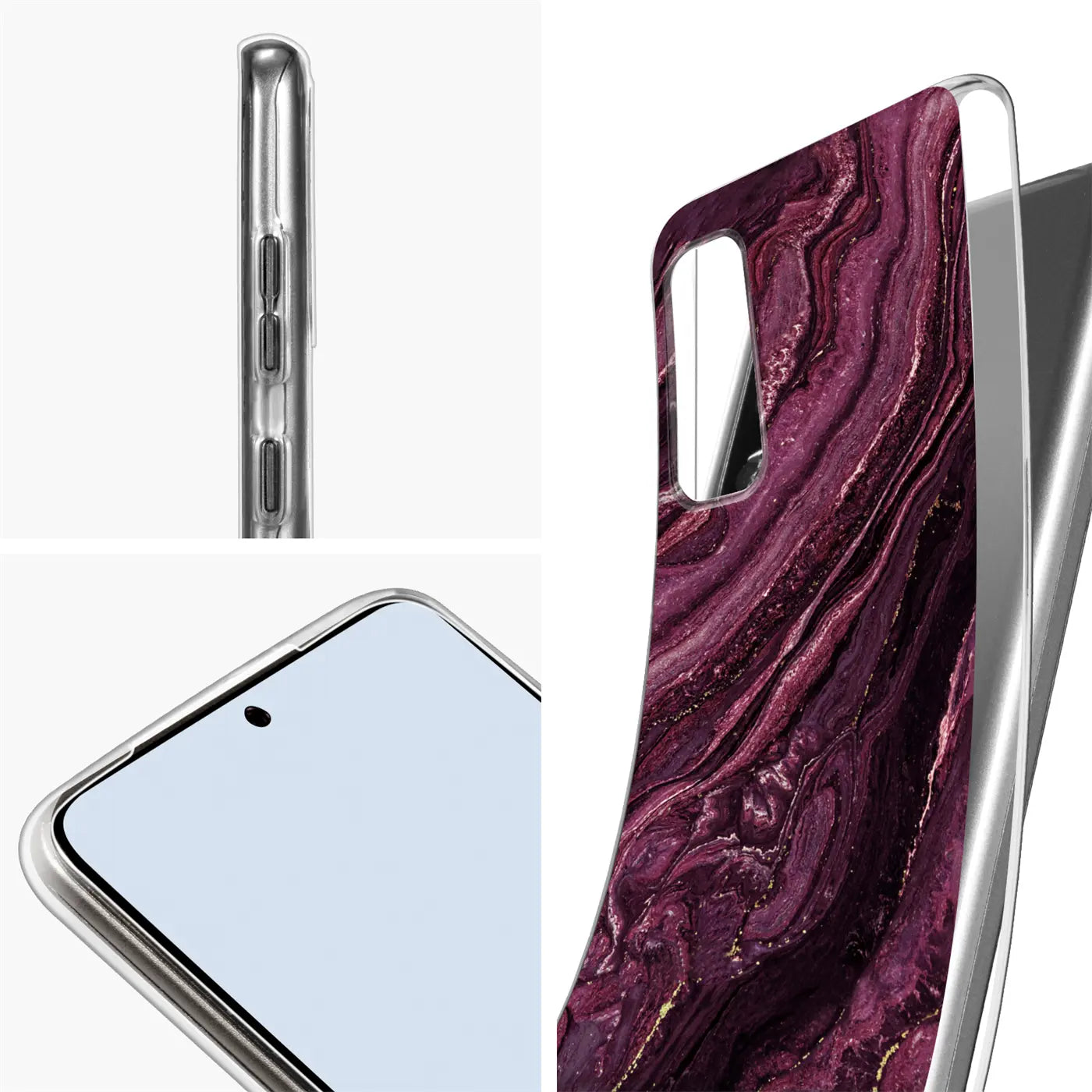 Samsung S20 Hülle, lila Marmor, von der Seite und von vorne, transparente Kanten
