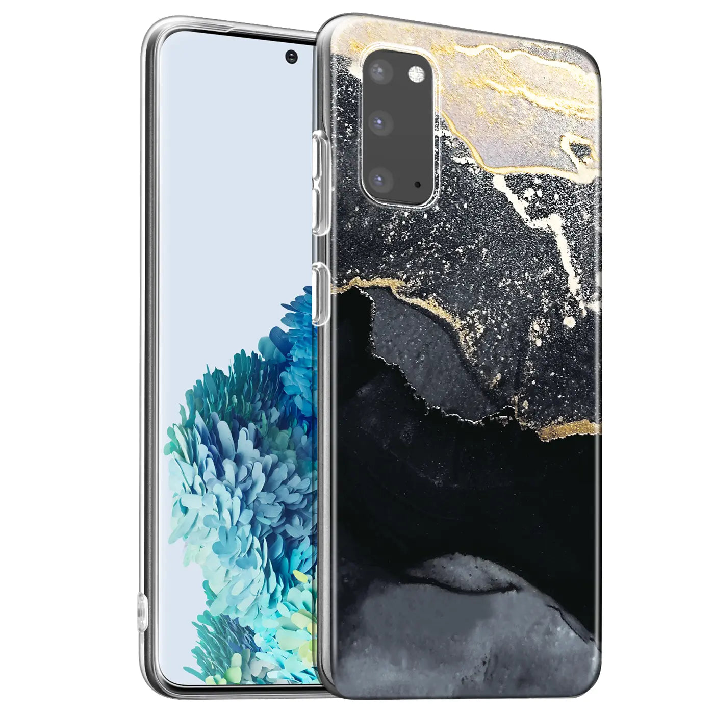 Samsung S20 Hülle, Marmor-Design, schwarz/gold, transparent, von vorne