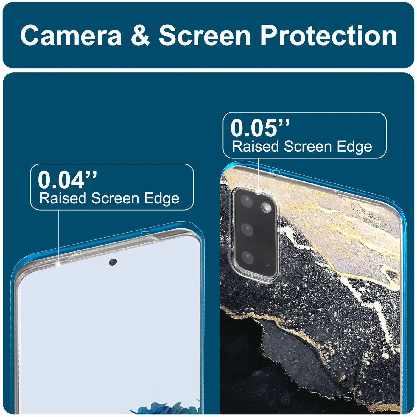 Samsung Galaxy S20 Hülle, Marmor-Muster, Schwarz/Gold, Rückansicht, Nahaufnahme
