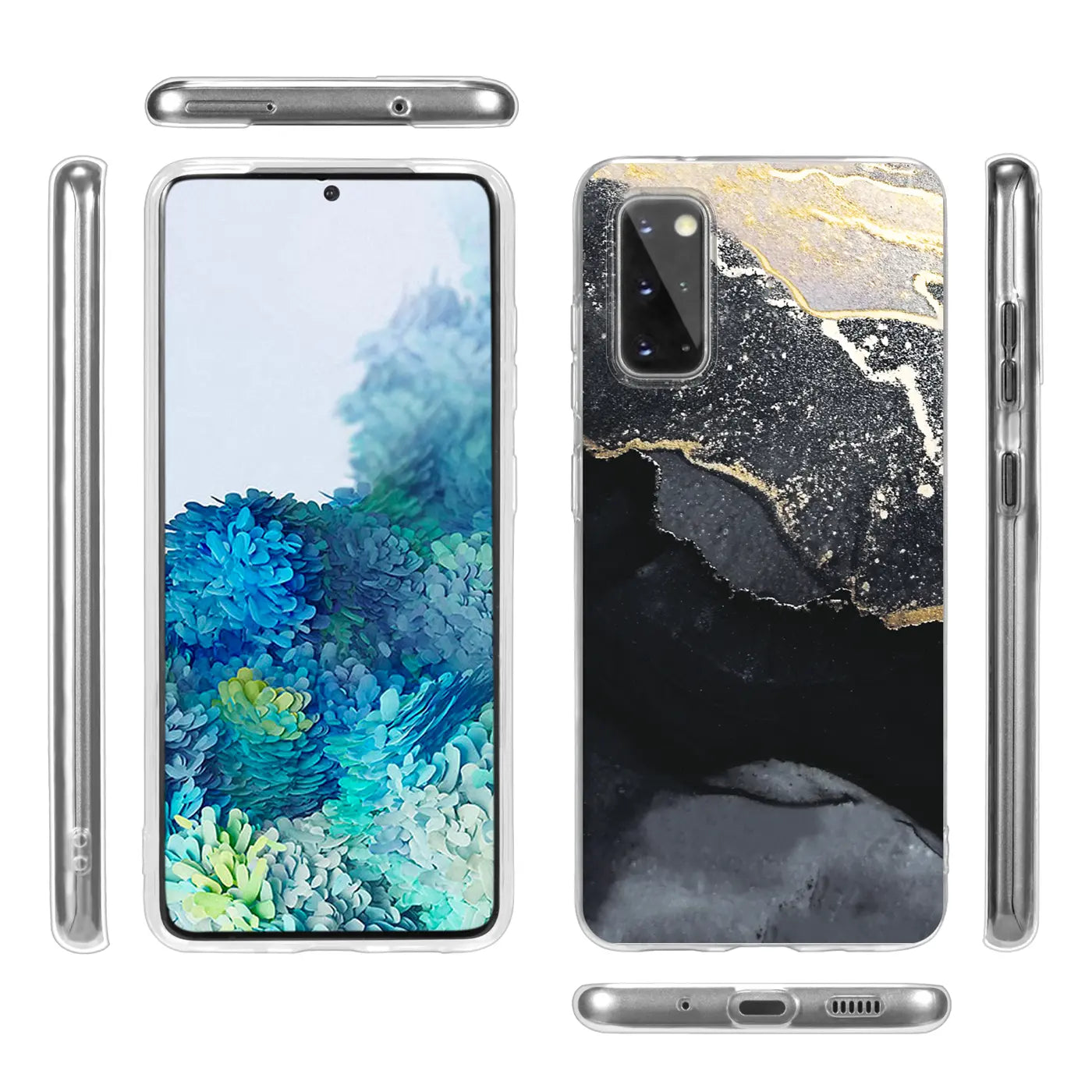 Samsung Galaxy S20 Hülle, Marmor-Muster, Schwarz/Gold, klare Seitenansichten