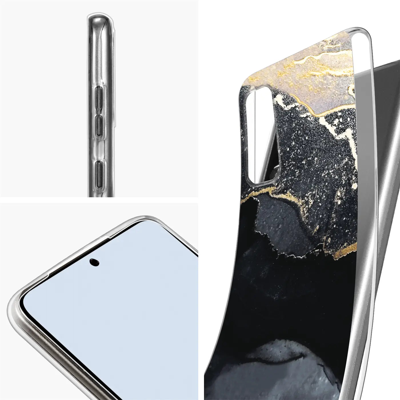 Samsung S20 Hülle, Marmor-Muster, schwarz/gold, von vorne/Seite