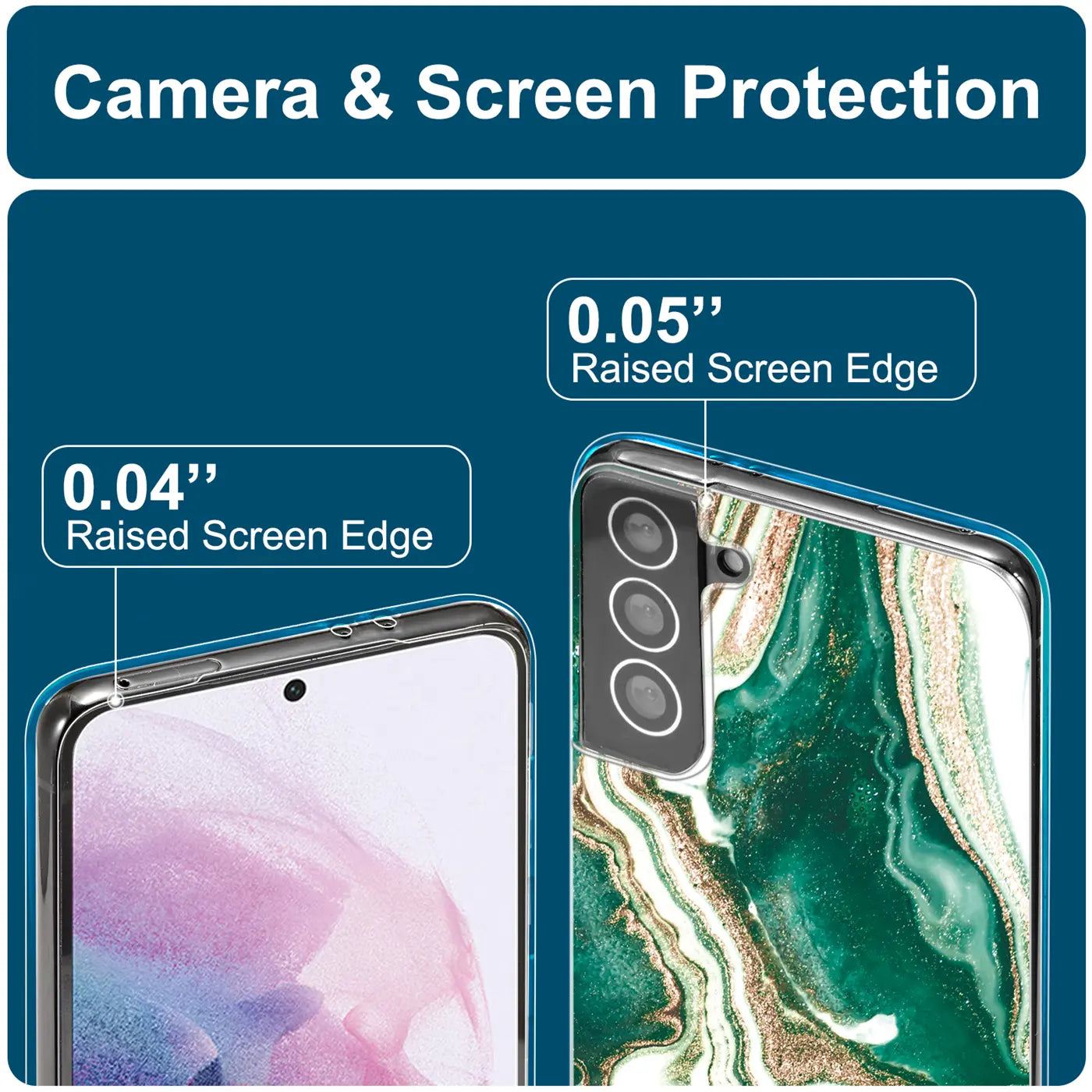 Samsung S21 Hülle, Marmor/Sand-Design, Grün/Gold, von vorn und von hinten gezeigt.