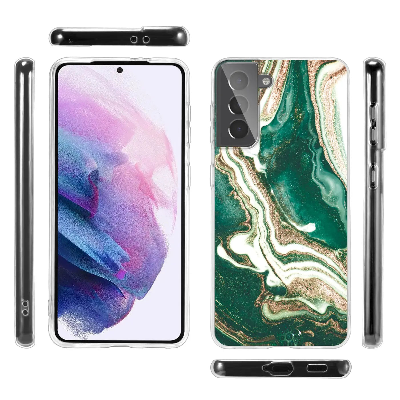 Samsung S21 Hülle in Marmor-Sand-Design, grün/gold, Vorder- und Rückansicht