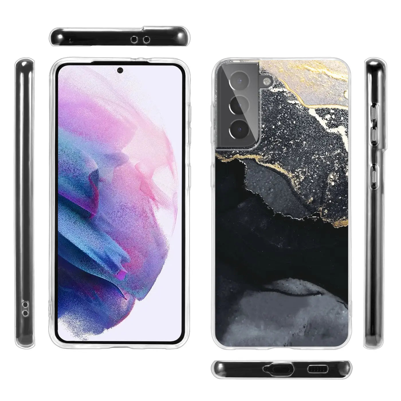 Samsung Galaxy S21 Hülle, Marmor & Sand Design, schwarz/gold, klare Seiten, verschiedene Ansichten