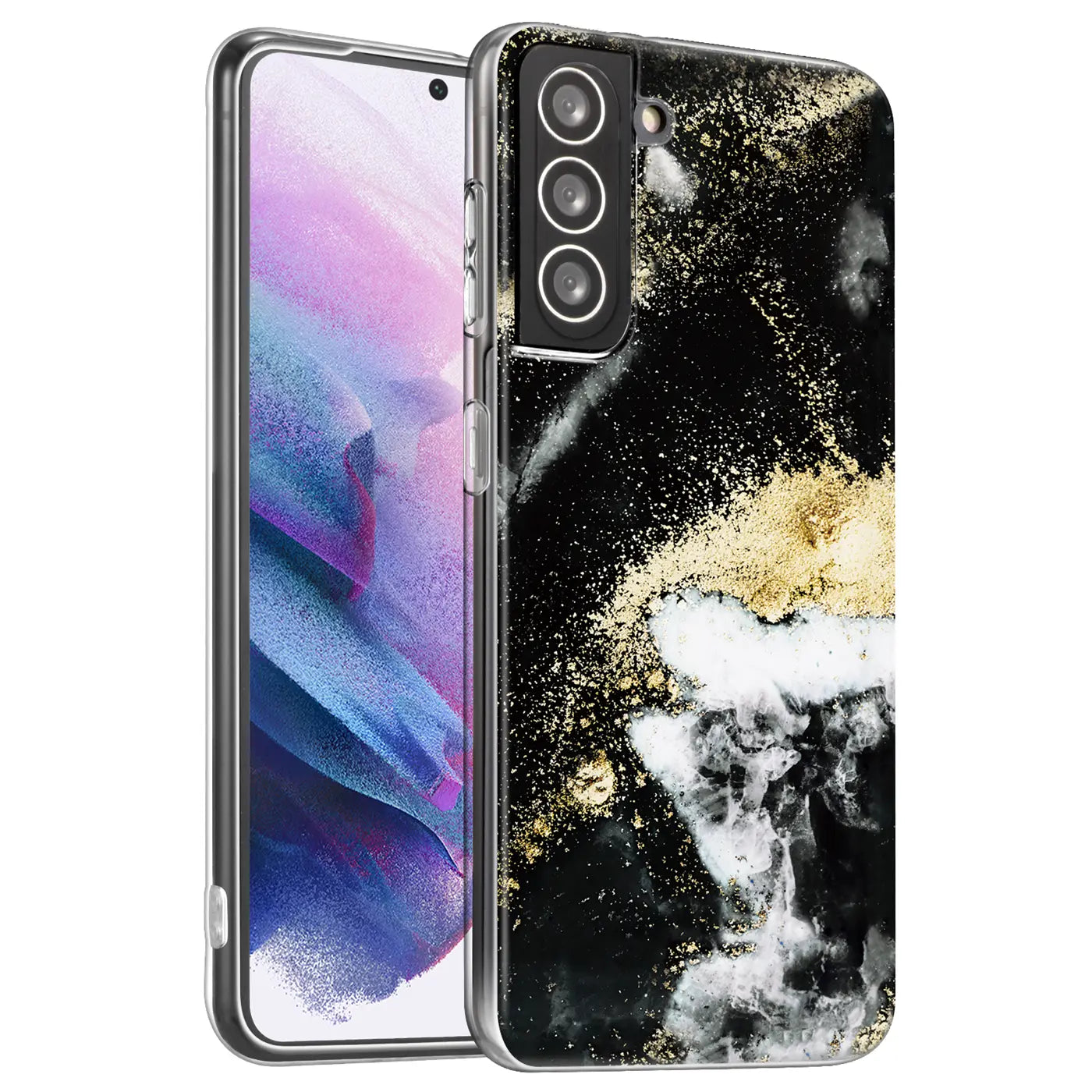 Samsung S21 Plus Hülle, Marmor/Sand-Design, Schwarz/Gold, Kunststoff, von vorne links