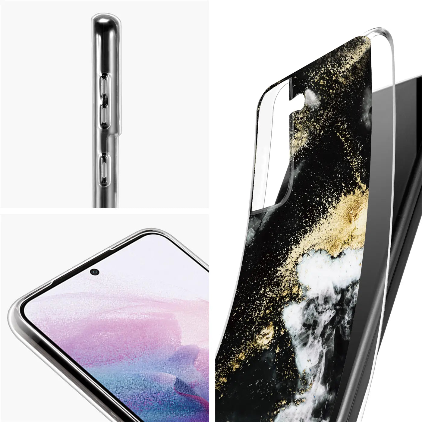 Samsung S21 Plus Hülle, Marmor/Sand-Design, transparent, Nahaufnahme.