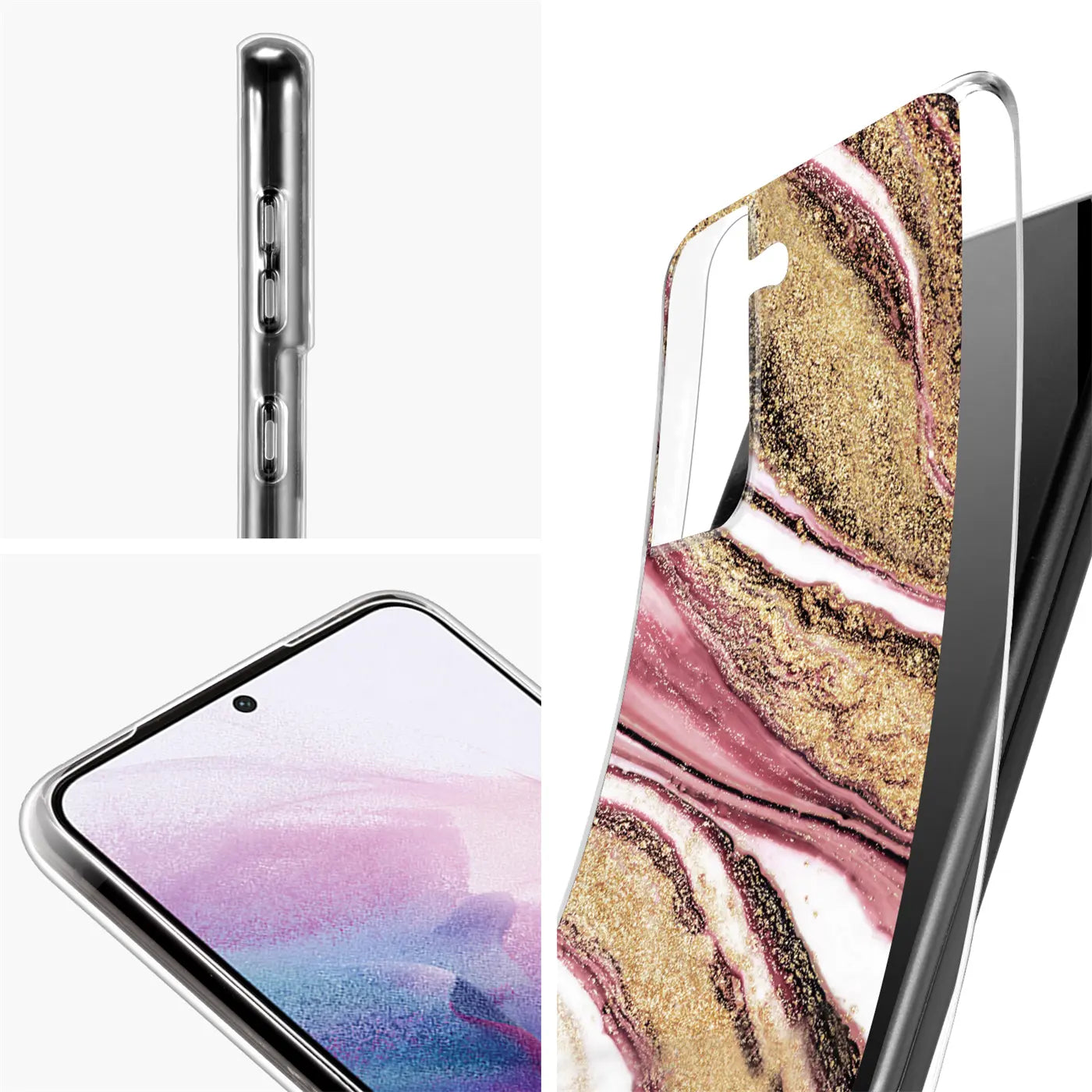 Samsung S21 Plus Hülle, Marmor/Gold-Design, transparent, Seitenansicht, Frontansicht