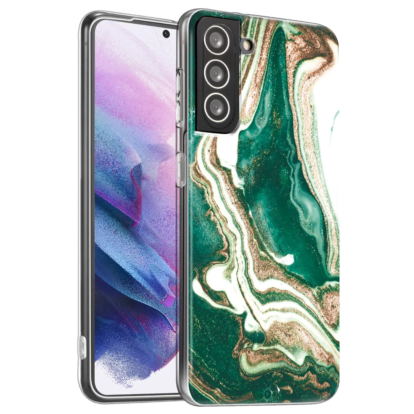 Samsung S21 Plus Hülle, Marmor-Design, grün/gold/weiß, Kunststoff, Seitenansicht.