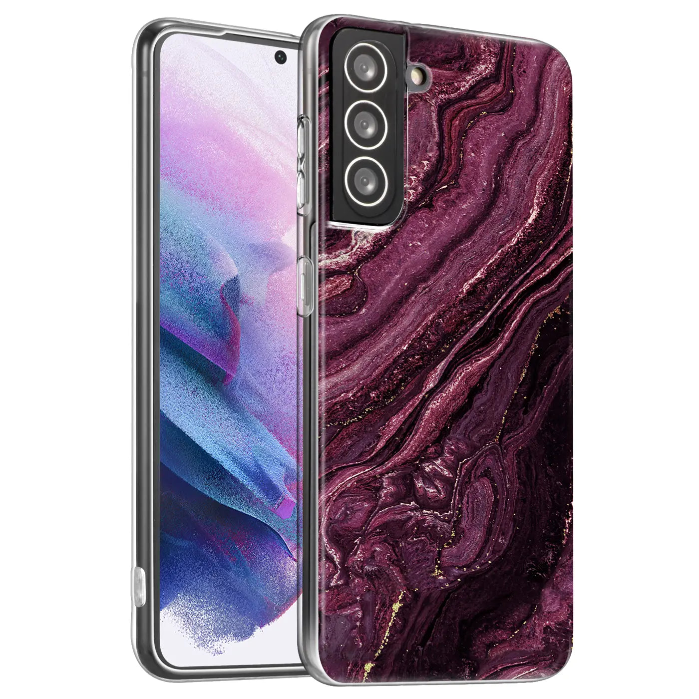 Samsung S21 Plus Hülle, lila Marmor-Design, transparent, von vorne links