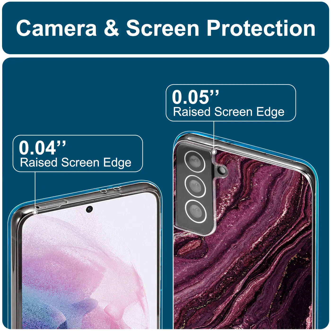 Samsung S21 Plus Hülle, lila Marmor-Design, Nahaufnahme, Rückseite & Vorderseite