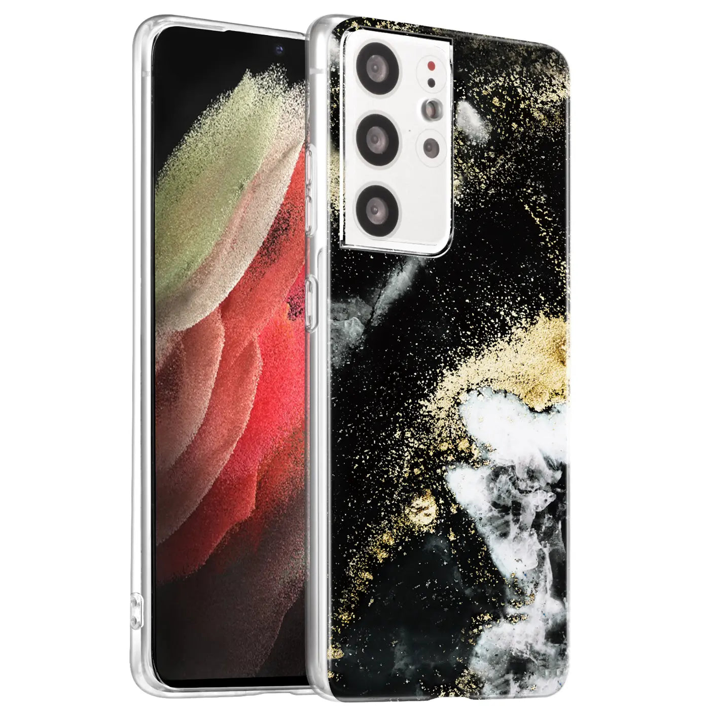 Samsung S21 Ultra Hülle, schwarz/gold Marmor-Design, von vorne schräg