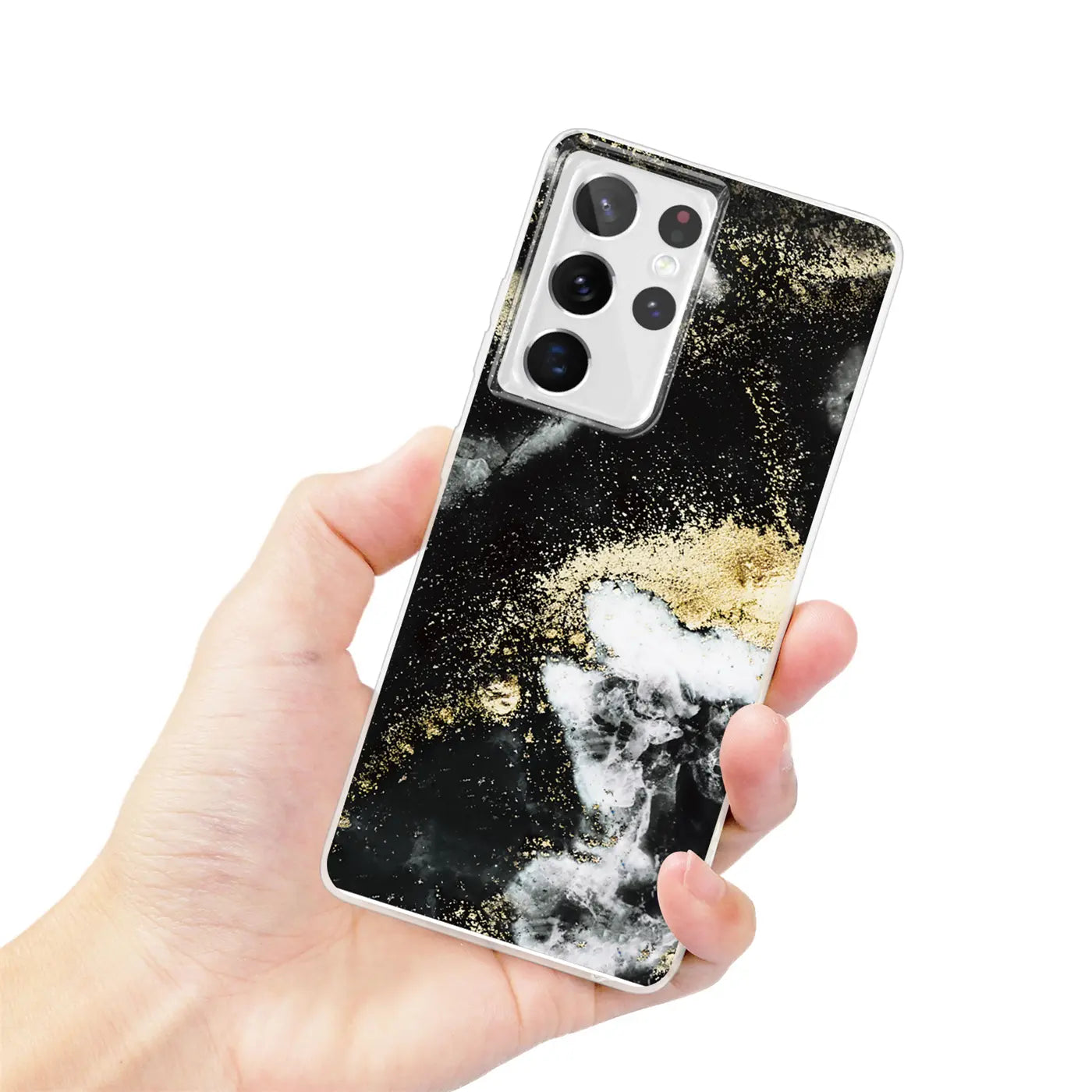 Samsung Galaxy S21 Ultra Hülle, Marmor/Sand-Design, Schwarz/Gold/Weiß, von vorne gehalten