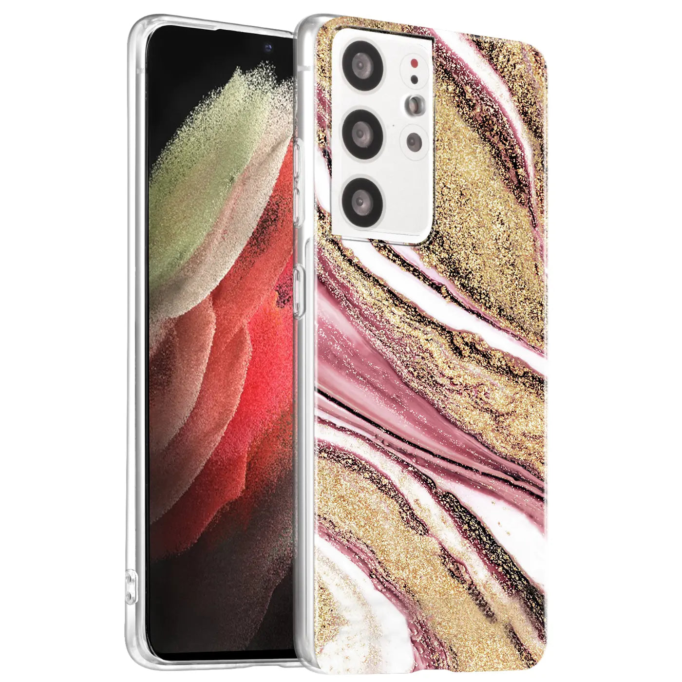 Samsung S21 Ultra Hülle, Marmor & Sand Design, Pink/Gold, von vorne/leicht schräg
