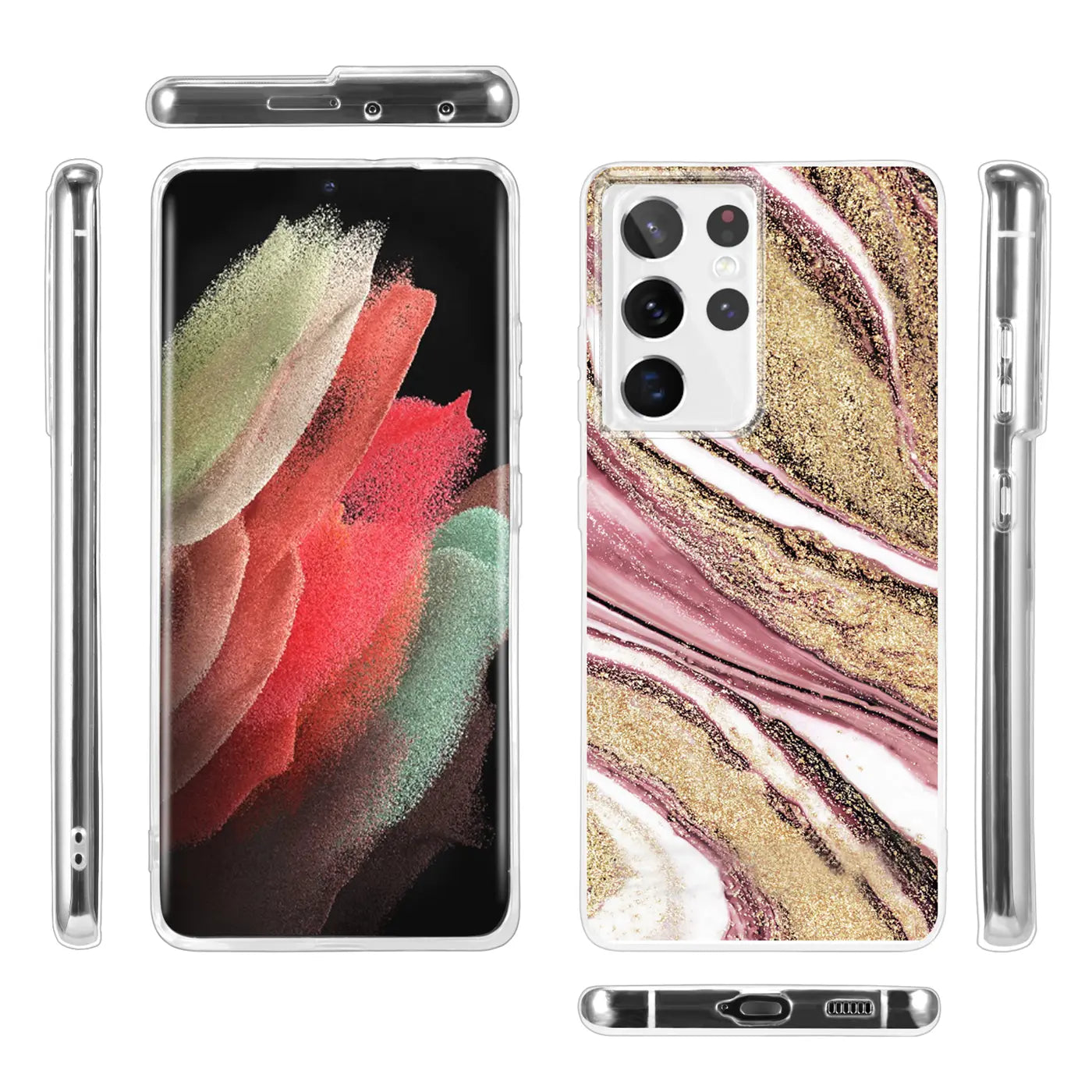 Samsung S21 Ultra Hülle, Marmor/Sand-Design, transparent, Rückseite/Seitenansicht