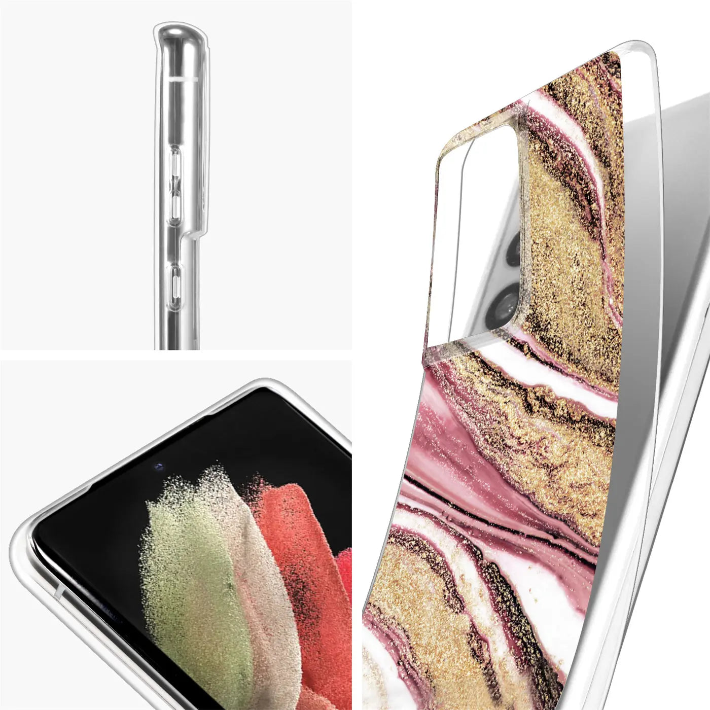 Samsung S21 Ultra Hülle, Marmor-Design, rosa/gold, transparent, Seitenansicht