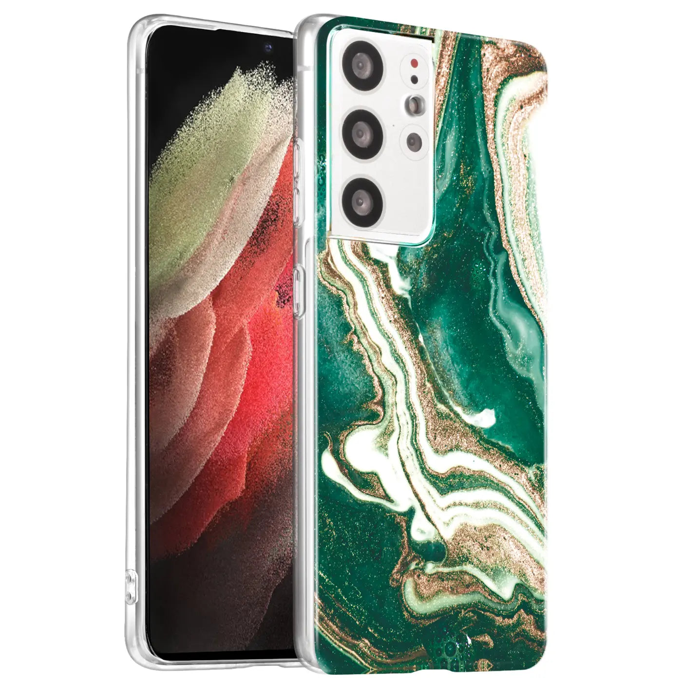 Samsung S21 Ultra Hülle, Marmor-Design, grün/gold, von vorne/seitlich