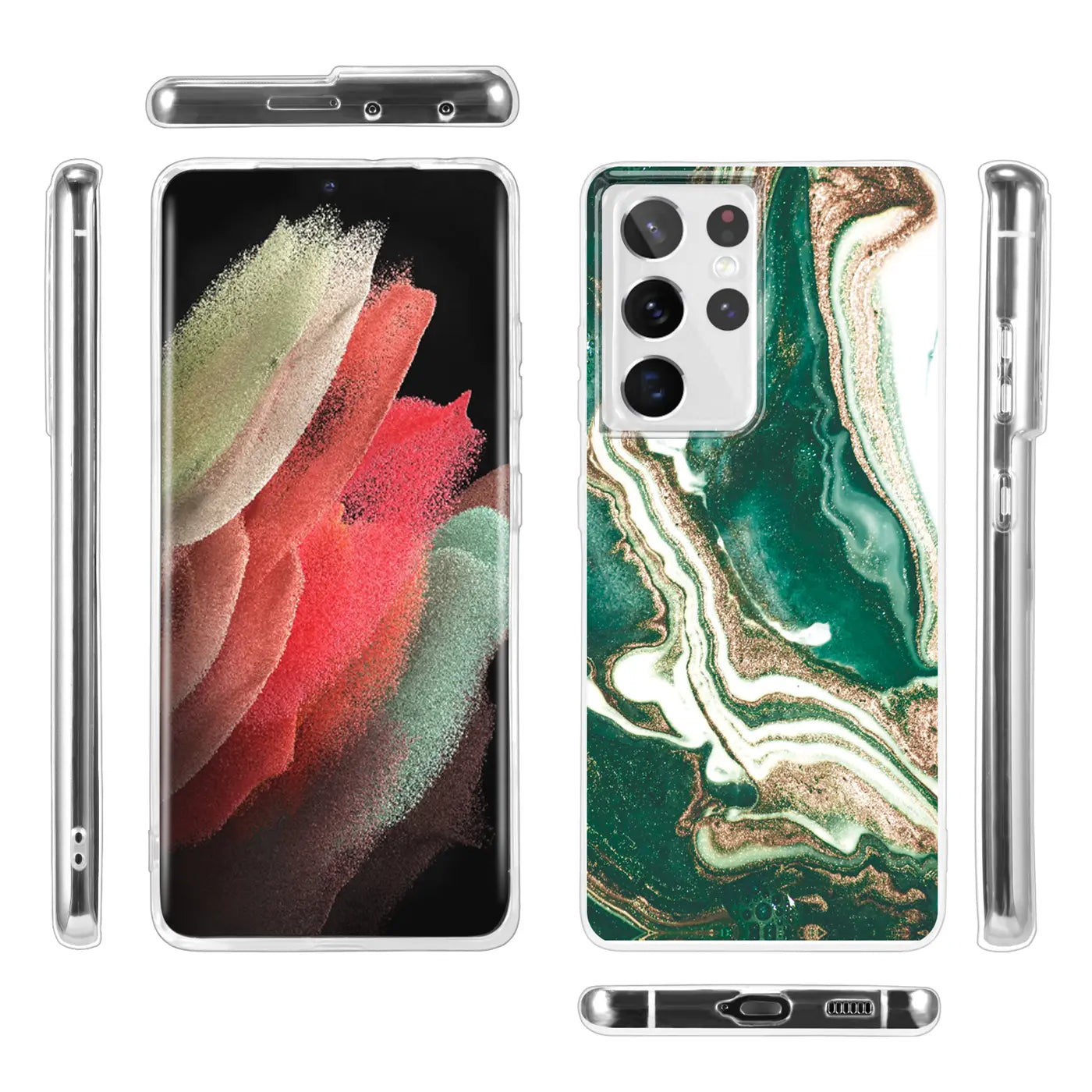 Samsung S21 Ultra Hülle, Marmor/Sand-Design, Grün/Gold, verschiedene Ansichten